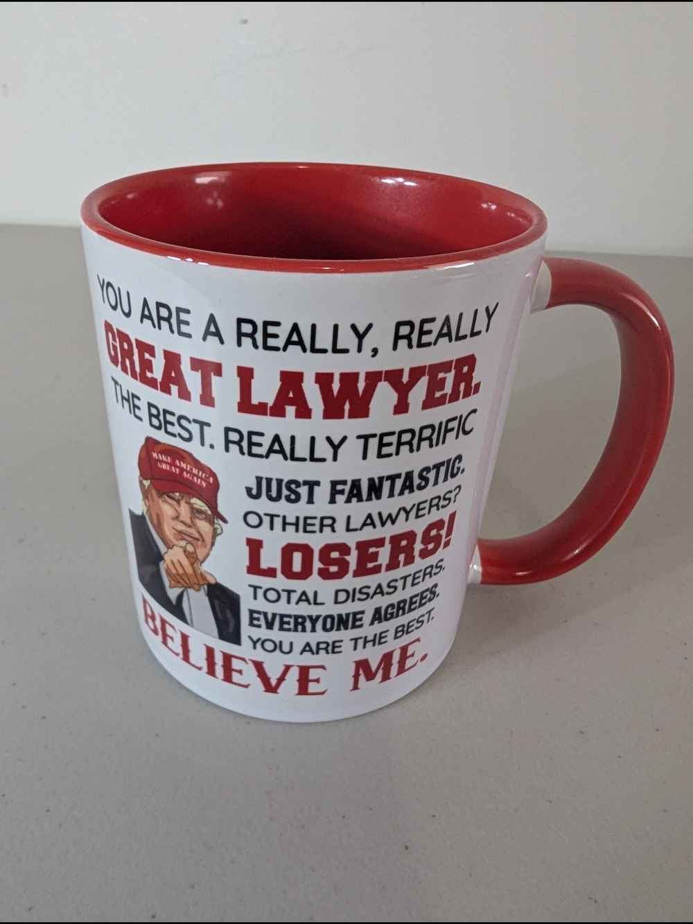 Funny Lawyer Coffee Mug Political Humor Red White Novelty Cup Gift